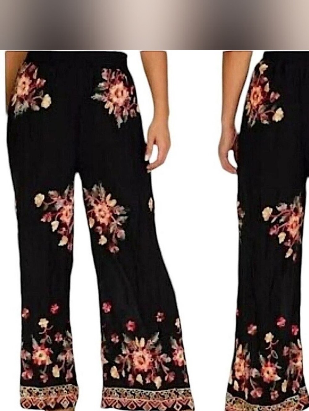 Anthropologie Liv Los Angeles Black Floral Embroidered Wide Leg Pants Size MED